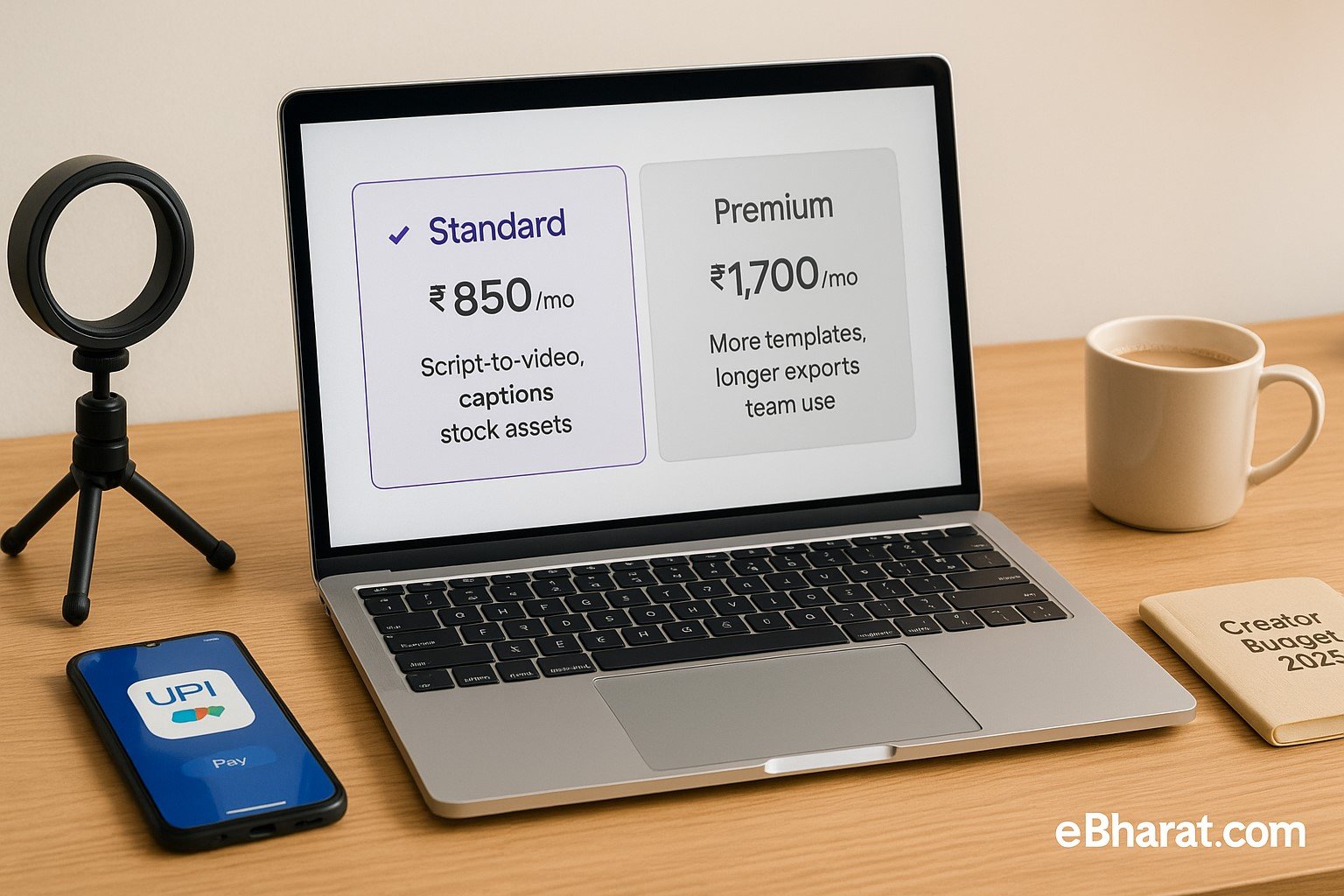 Laptop with Pictory pricing page showing Standard (~₹850) and Premium (~₹1,700) plans, diary Creator Budget 2025, UPI smartphone, and chai on desk.
