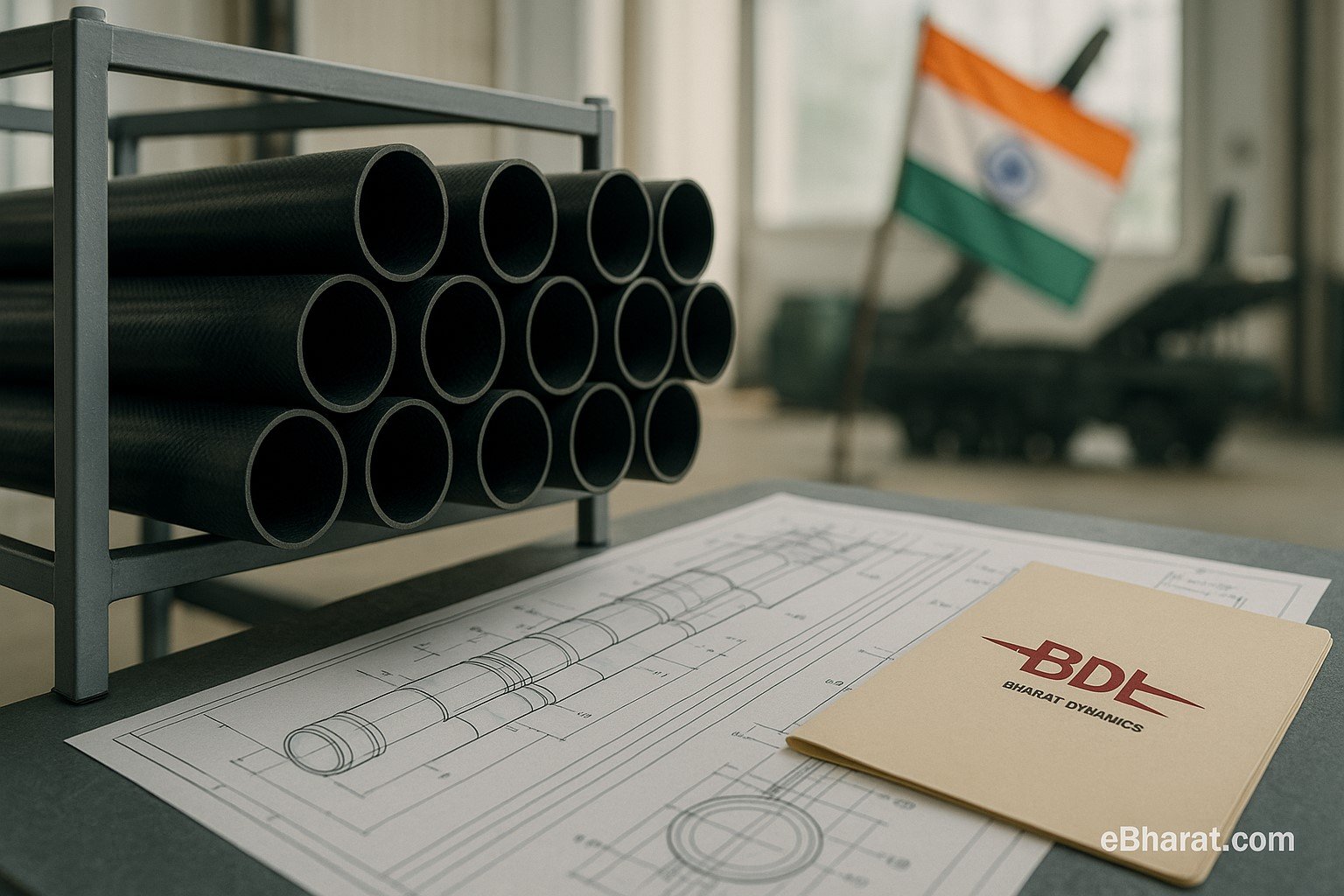 “Defence workshop with composite tubes stacked on a metal rack, technical blueprints on a table, and a Bharat Dynamics file in the foreground, with an Indian flag and missile launcher silhouette blurred in the background.”