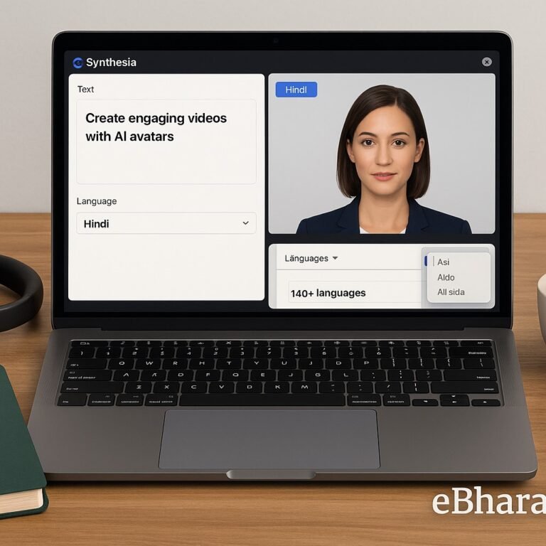 Laptop showing Synthesia editor with AI avatar speaking Hindi, language dropdown with 140+ options, diary AI Video Plan 2025, YouTube upload phone, and chai on desk.