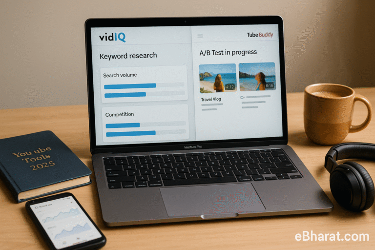 Laptop showing vidIQ keyword research and TubeBuddy A/B testing side by side, diary YouTube Tools 2025, smartphone with YouTube analytics, headphones, and chai on desk.