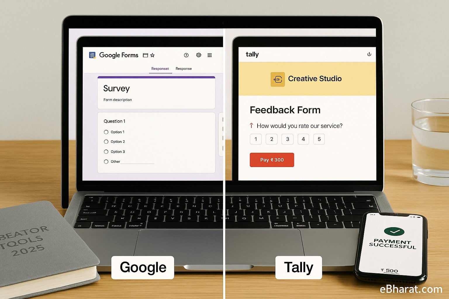 Side-by-side comparison of Google Forms and Tally form builder with branding and payments enabled.
