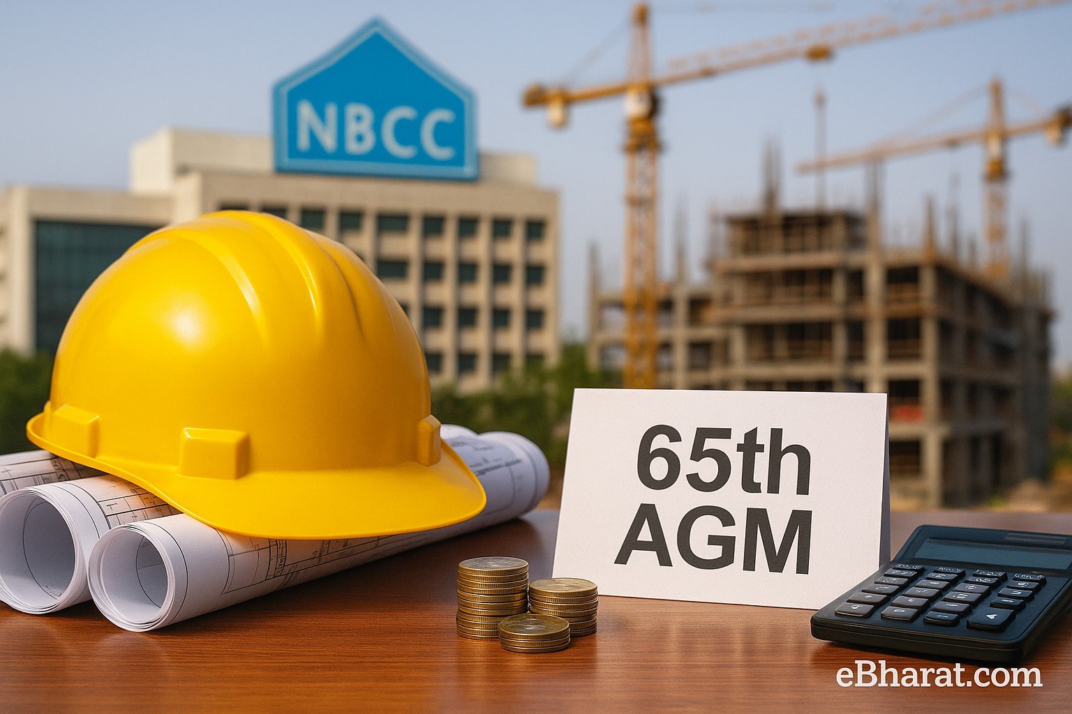 NBCC AGM concept with blueprints, safety helmet, and redevelopment site backdrop, symbolizing order book growth and infrastructure pipeline.”