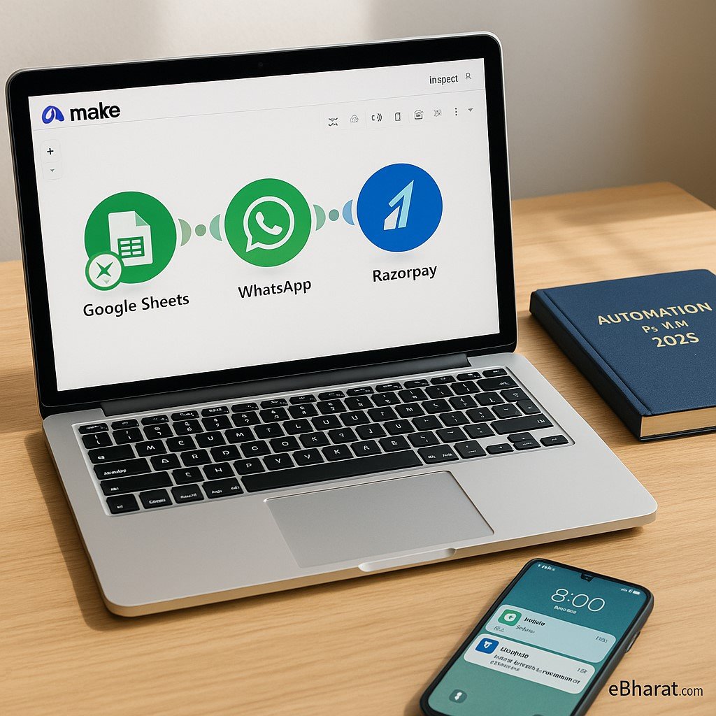 Laptop on a wooden desk showing Make’s visual workflow builder connecting Google Sheets, WhatsApp, and Razorpay. Beside it, a diary labeled “Automation Plan 2025” and a smartphone displaying a WhatsApp notification and Razorpay payment alert. Watermark “eBharat.com” at the bottom right.