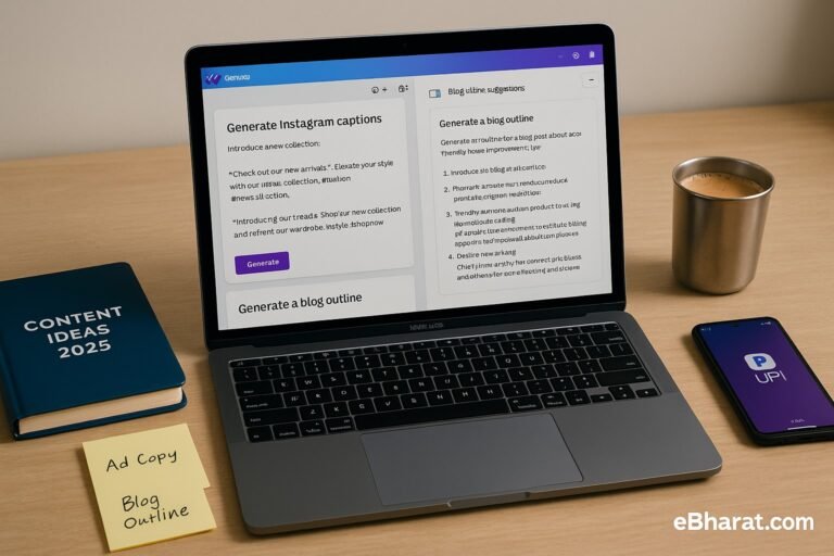 Laptop showing Canva Magic Write drafting Instagram captions and blog outlines, with diary Content Ideas 2025, UPI smartphone, and chai on desk.