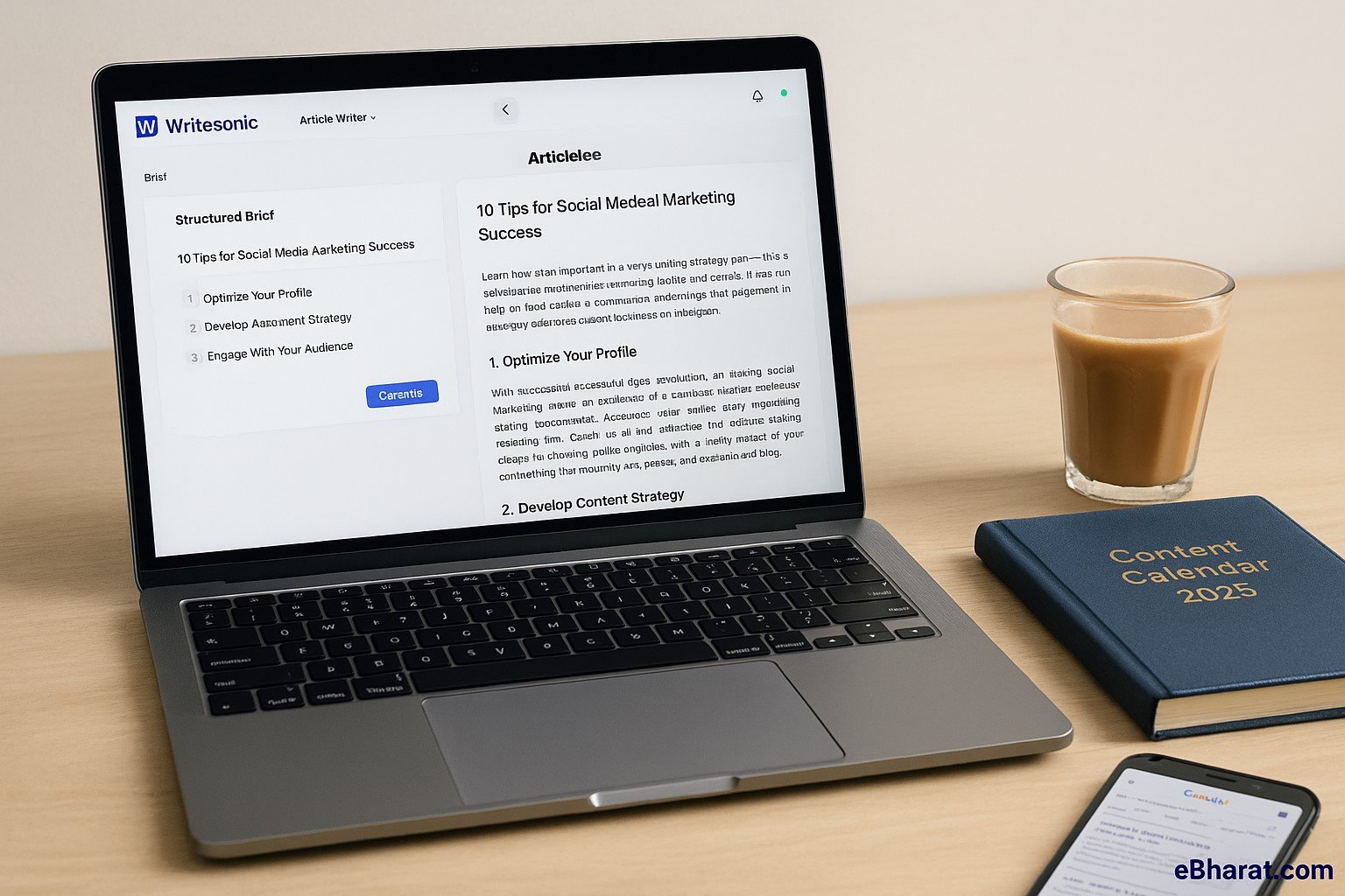 "Laptop displaying Writesonic Article Writer with structured brief and generated blog draft, alongside Content Calendar 2025 diary, smartphone showing Google search results, and a glass of chai."