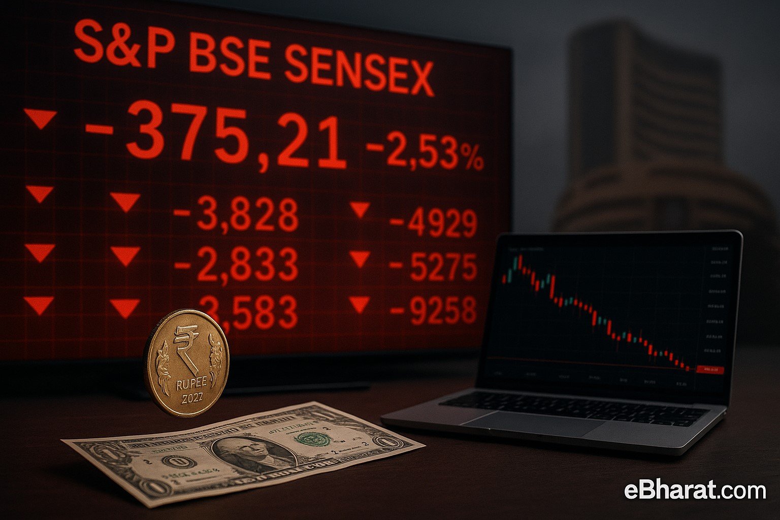 "Stock ticker board showing Sensex decline with rupee and dollar notes symbolizing currency weakness and global pressure."