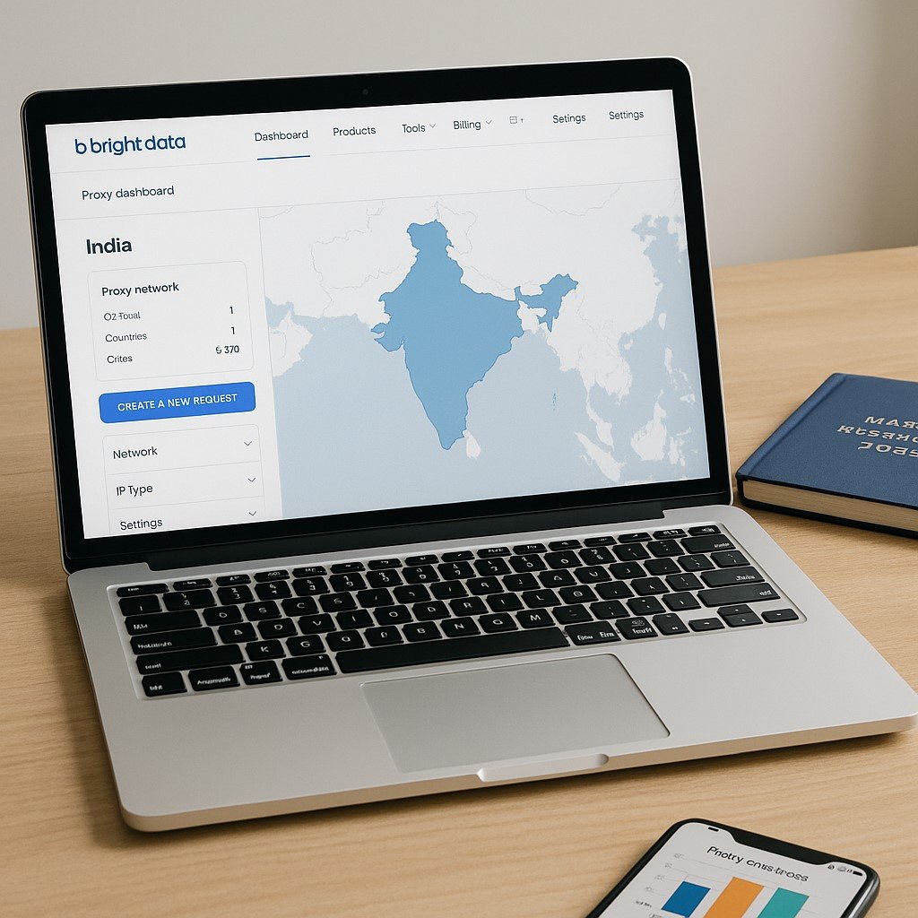 Laptop displaying Bright Data proxy dashboard with India map highlighted, alongside a diary titled “Market Research 2025” and a smartphone showing e-commerce pricing comparison charts on a corporate desk.