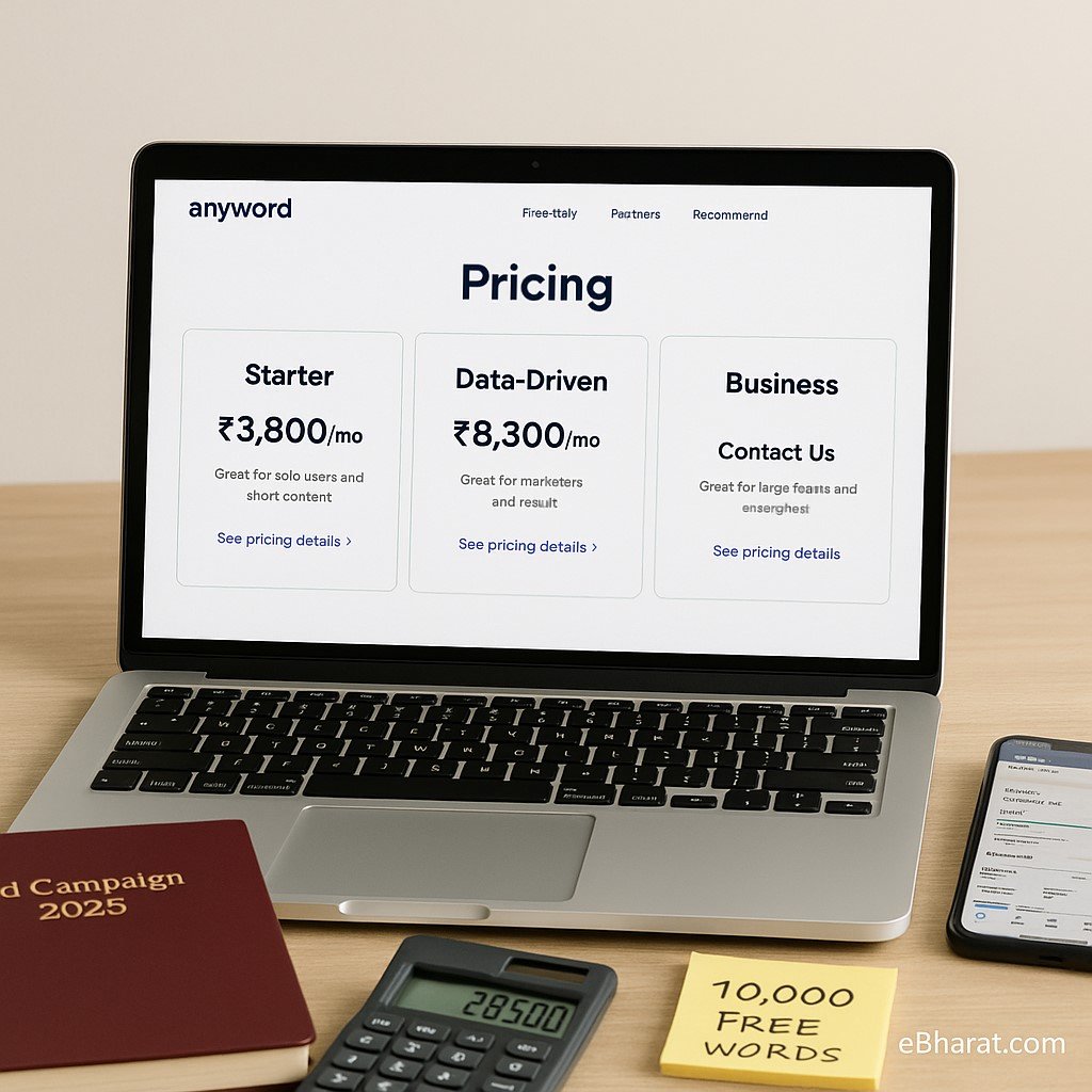 "Laptop displaying Anyword pricing page with Starter, Data-Driven, and Business plans, alongside Ad Campaign 2025 diary, calculator showing INR values, smartphone with Facebook Ads Manager, and sticky note with 10,000 Free Words."