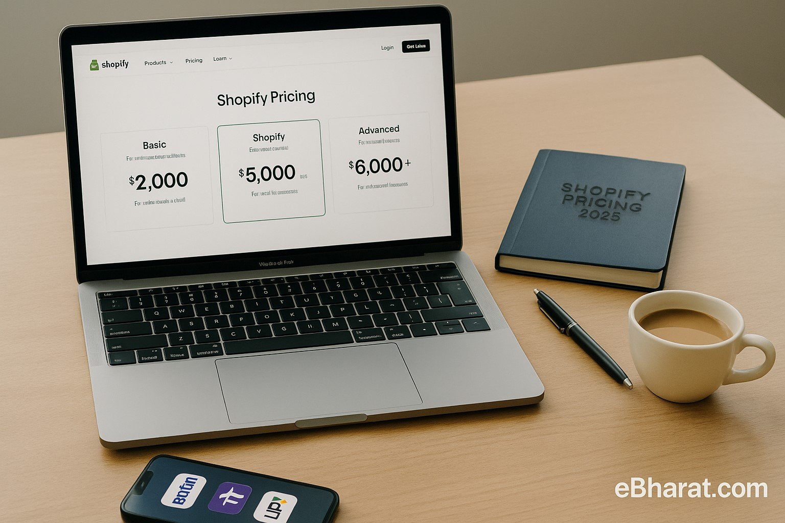 Laptop showing Shopify pricing plans with diary titled Shopify Pricing 2025, smartphone showing UPI apps, and chai cup on Indian desk.