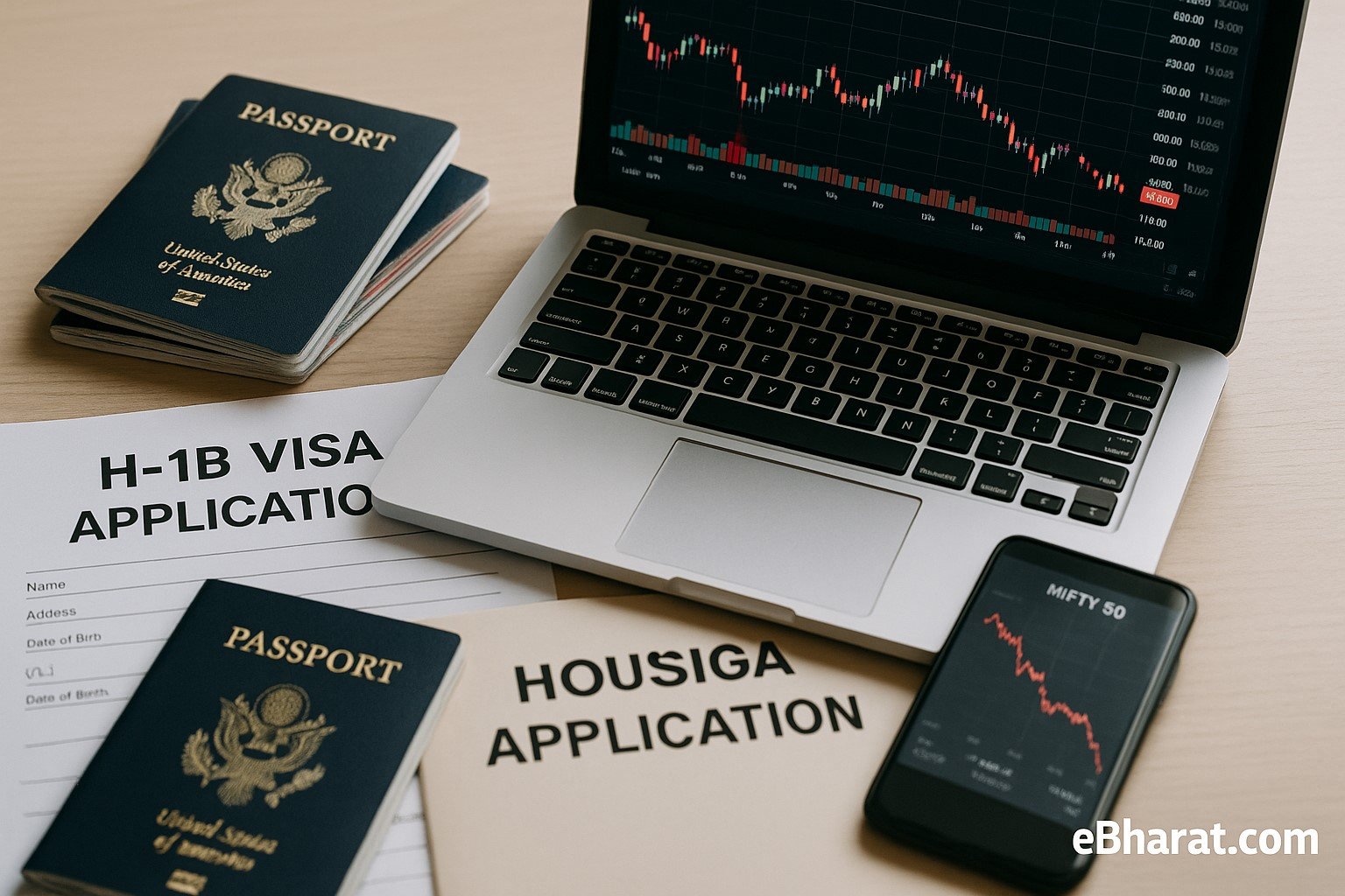 “Laptop with stock market chart in red, U.S. visa documents and H-1B application form on desk, symbolizing IT sector pressure from new visa fees.”
