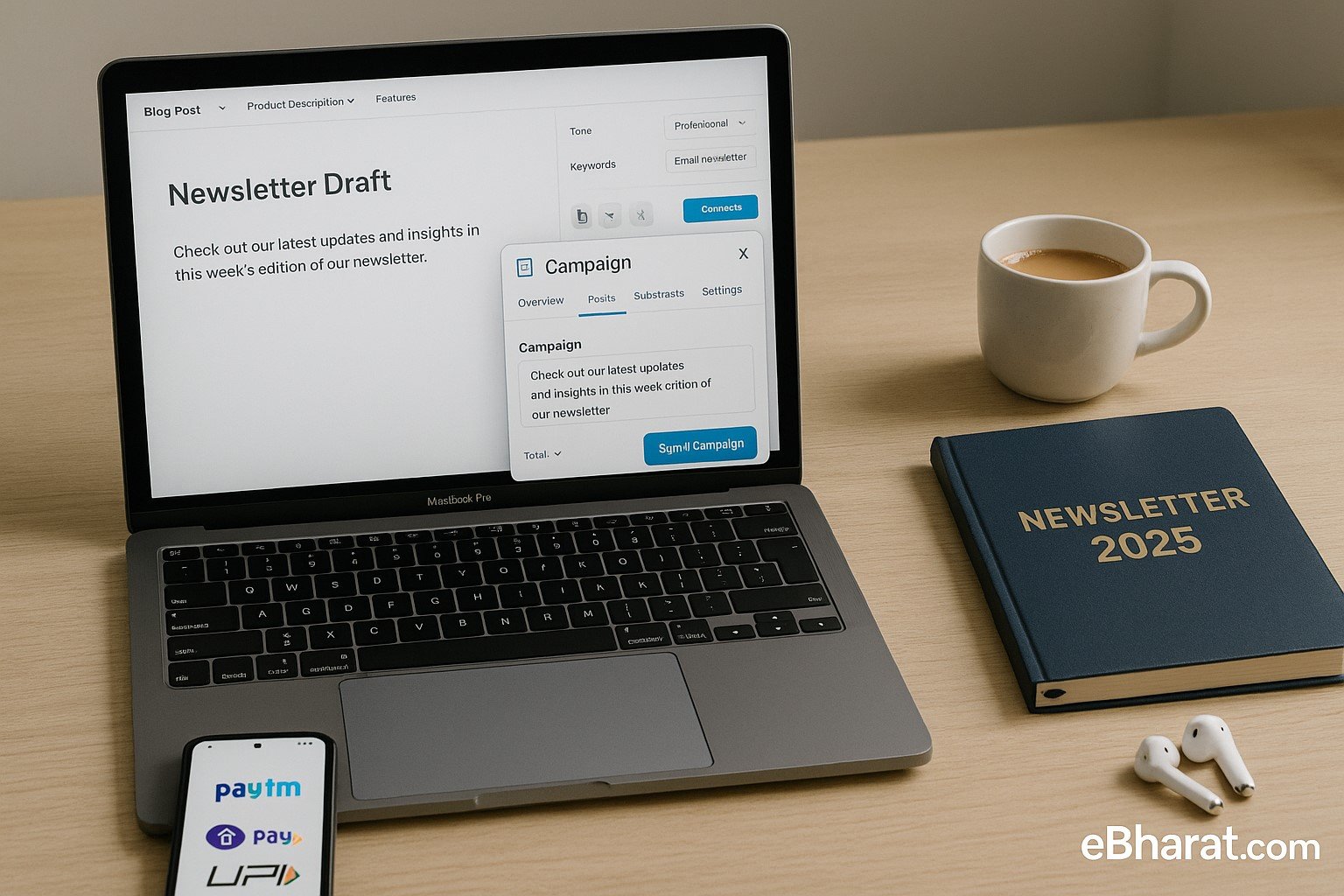 Laptop showing AI-written newsletter draft with ESP publishing window, diary titled Newsletter 2025, smartphone with UPI icons, chai, and earbuds on desk.
