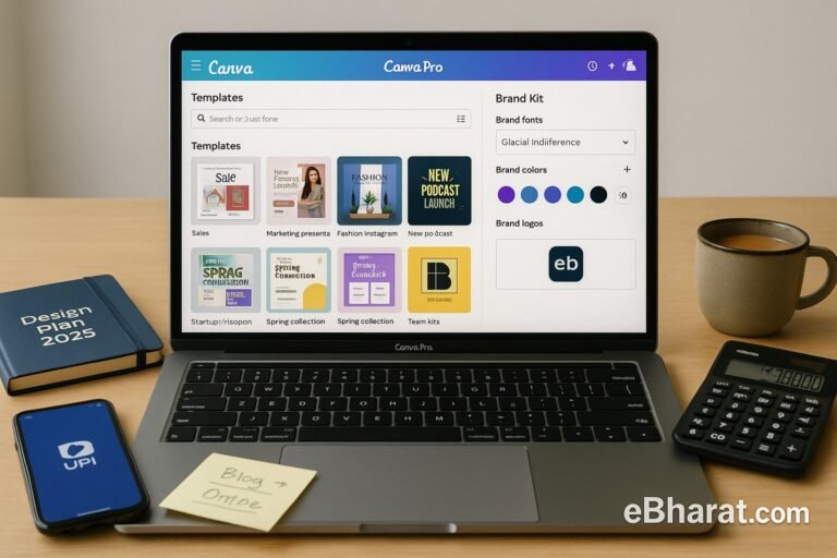 Laptop with Canva Pro dashboard showing brand kits and premium templates, diary Design Plan 2025, UPI smartphone, and chai on desk.