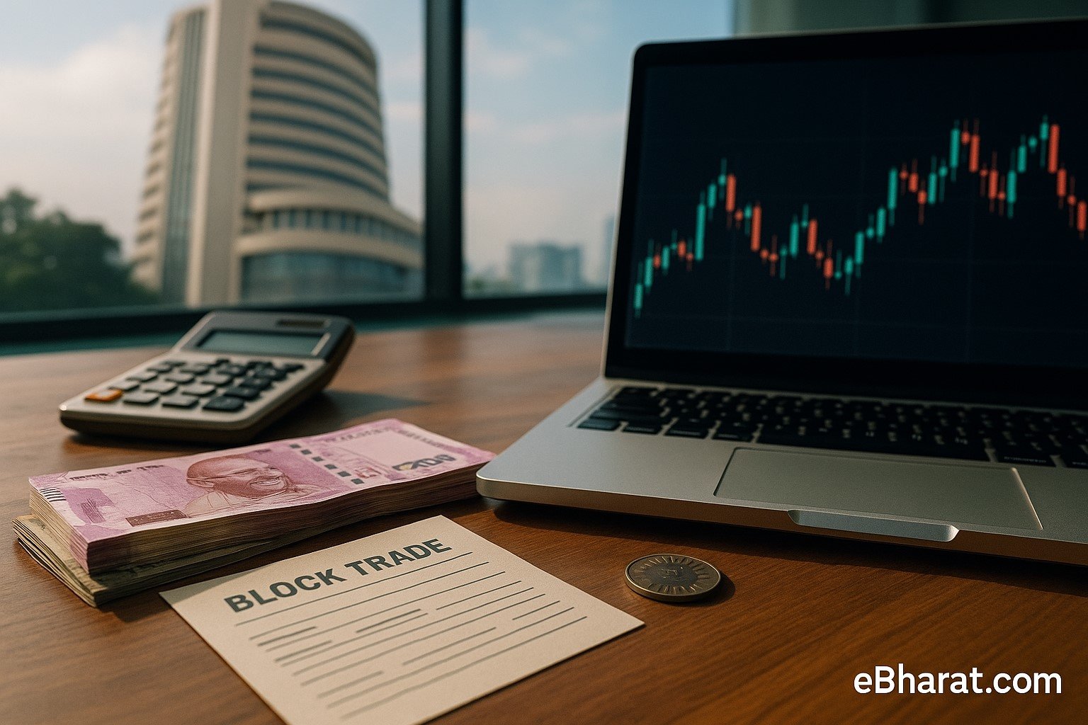 “Desk with trade slip, calculator, rupee notes and laptop chart—symbolising promoter block deals and insider selling in Indian markets.”