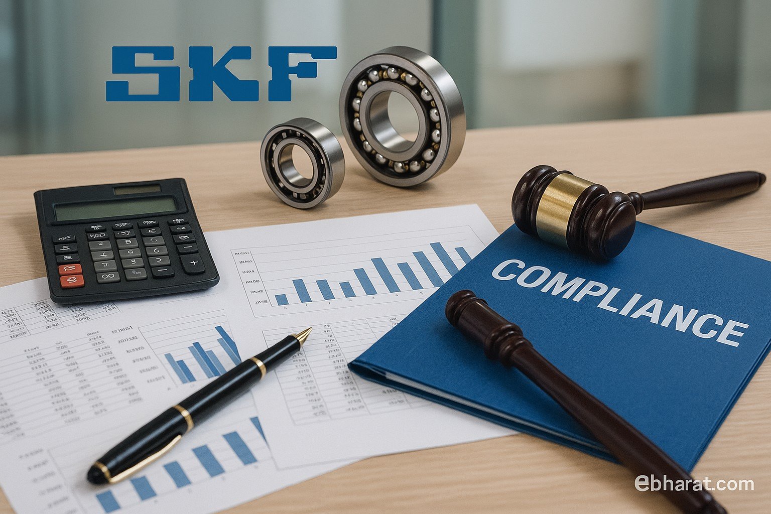 Professional office desk with financial documents, calculator, and SKF bearing components, symbolizing corporate leadership changes at SKF India.