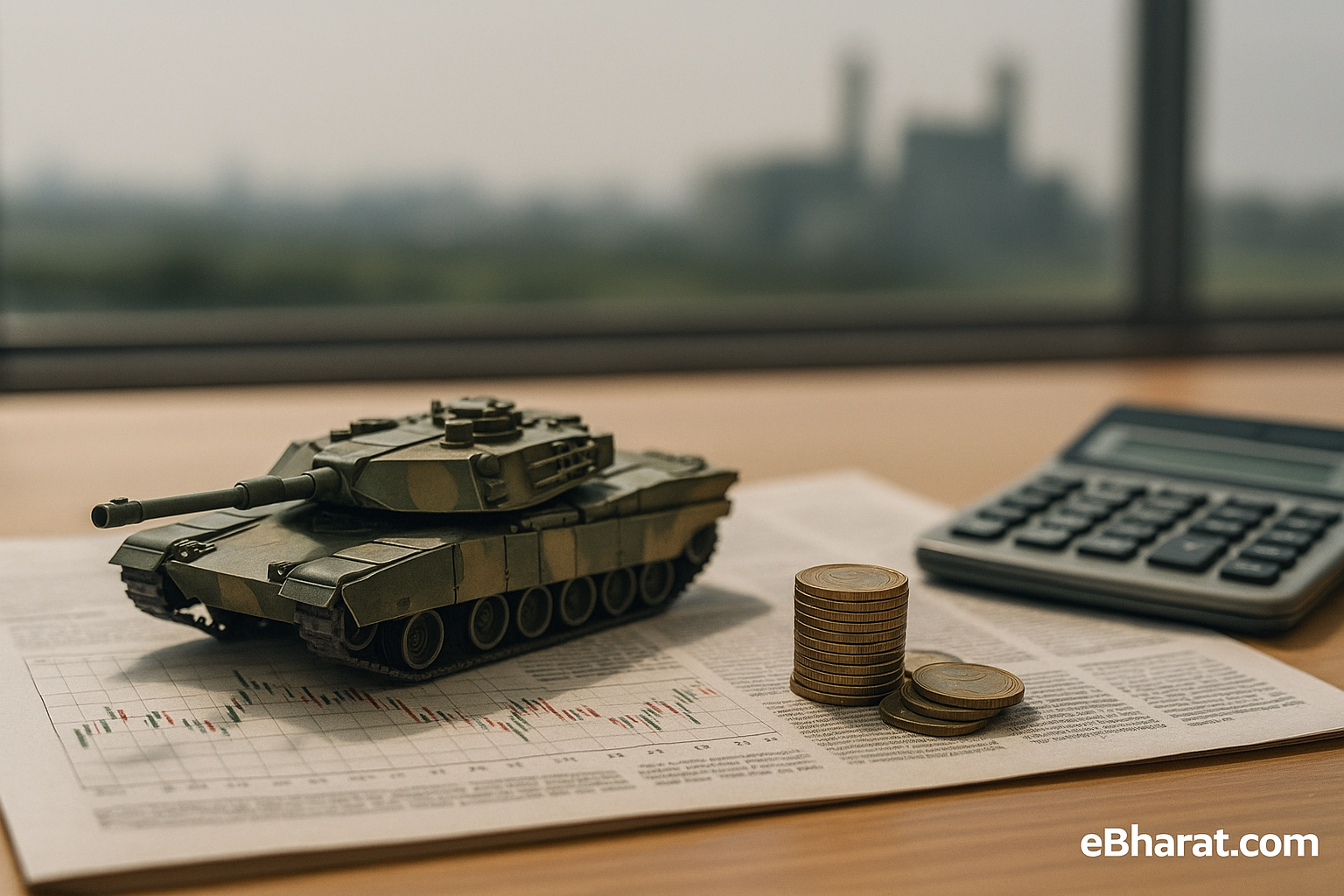Miniature defence tank with coins and financial charts, symbolizing Uravi Defence stock decline