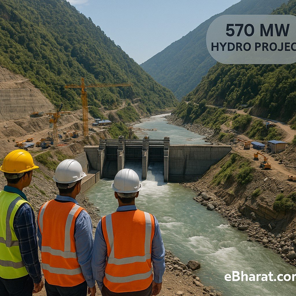 Hydropower dam project site in Bhutan with engineers inspecting, symbolizing Adani–Druk Green 570 MW partnership.
