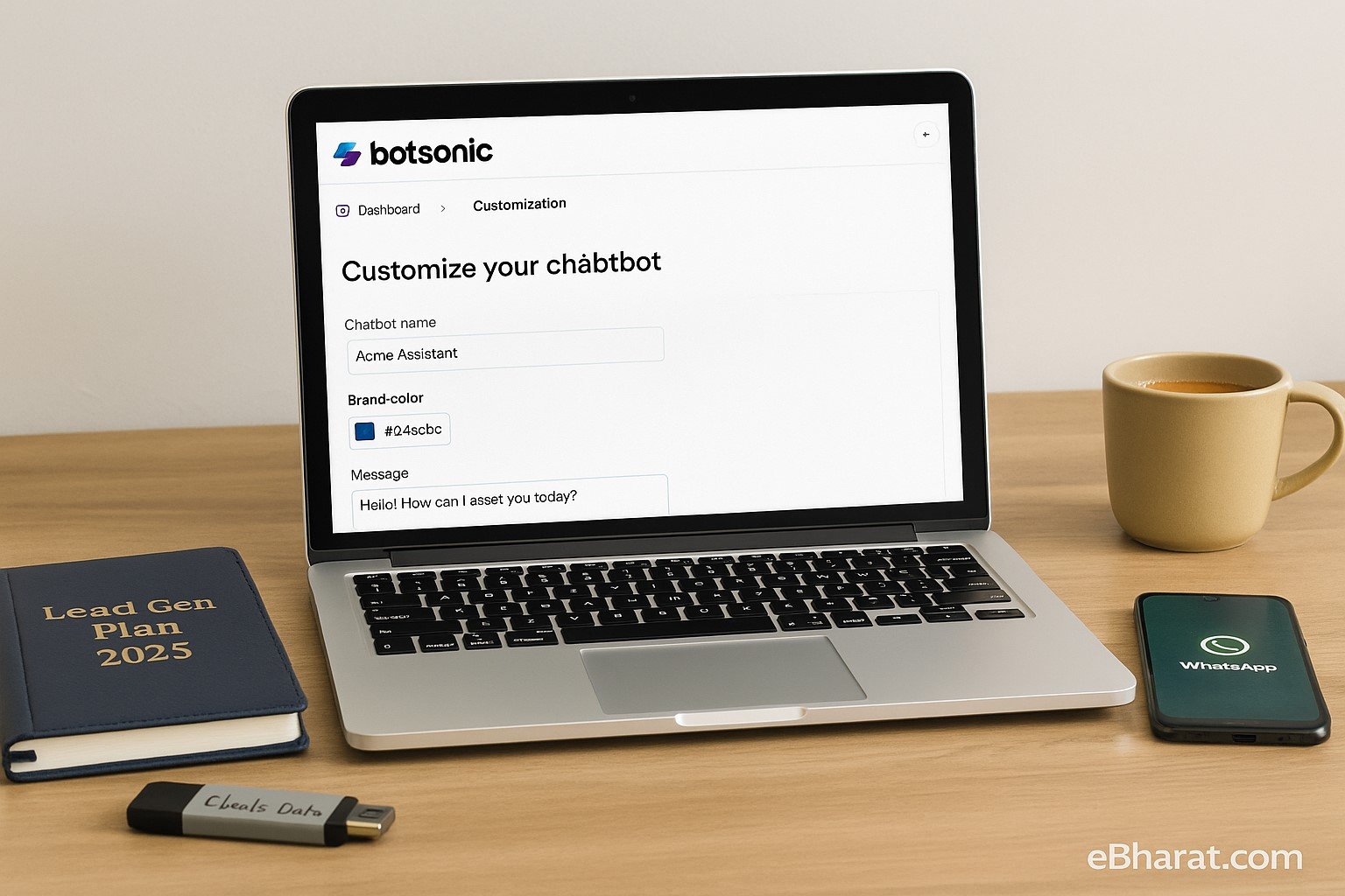 "Laptop screen displaying Botsonic chatbot customization panel with fields for chatbot name, brand color, and welcome message, alongside Lead Gen Plan 2025 diary, WhatsApp notifications on smartphone, and pen drive labeled Clients Data with chai cup."