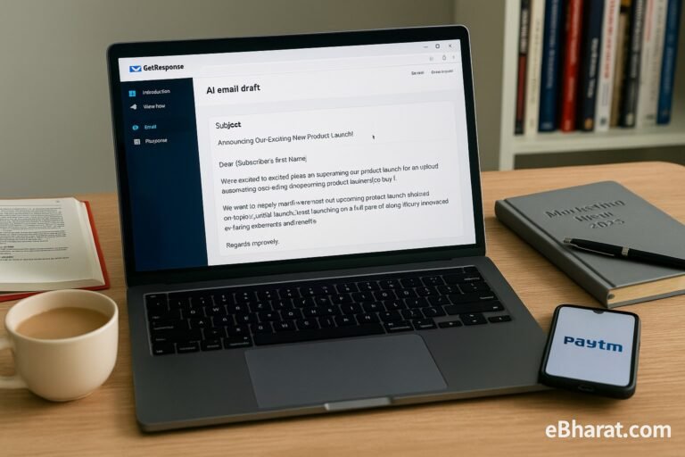 Laptop with GetResponse AI email generator dashboard, UPI smartphone, and diary titled Marketing Plan 2025 on an Indian office desk.