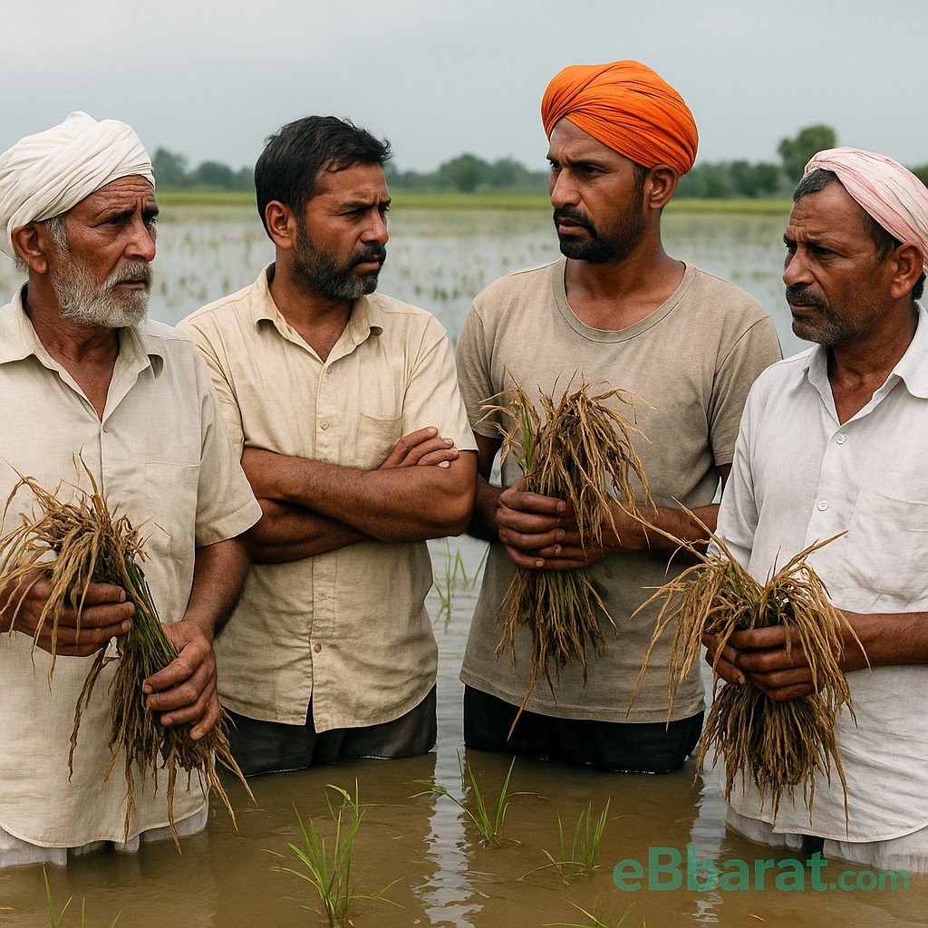 Punjab farmers standing in waterlogged fields after floods, holding damaged paddy crops.