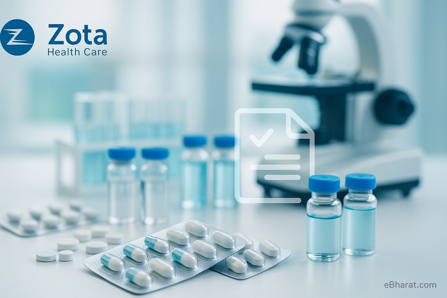 “Pharma lab scene with blister packs and glass vials on a white bench, microscope in soft focus, faint checklist/ballot icon overlay; small Zota Health Care logo top-left; eBharat.com watermark bottom-right.”