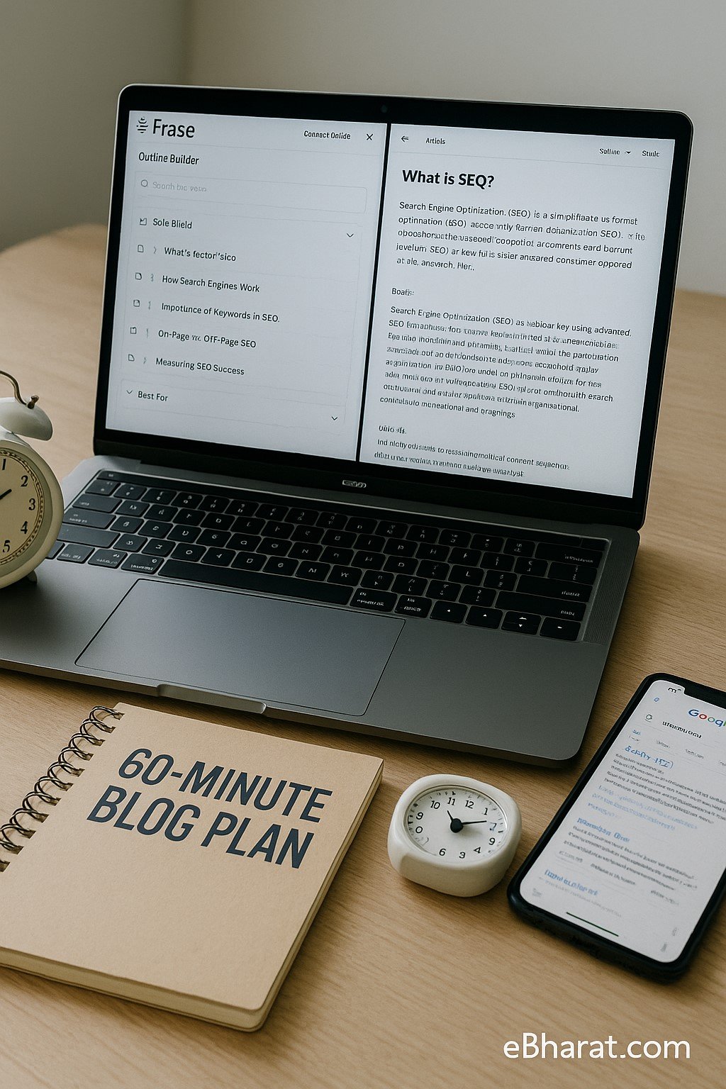 A bright blogger workspace with a laptop split-screen: Frase outline builder on the left and a draft article on the right. On the desk are a diary labeled “60-Minute Blog Plan,” a timer clock set to 1 hour, and a smartphone showing Google SERP results; eBharat.com watermark bottom-right.