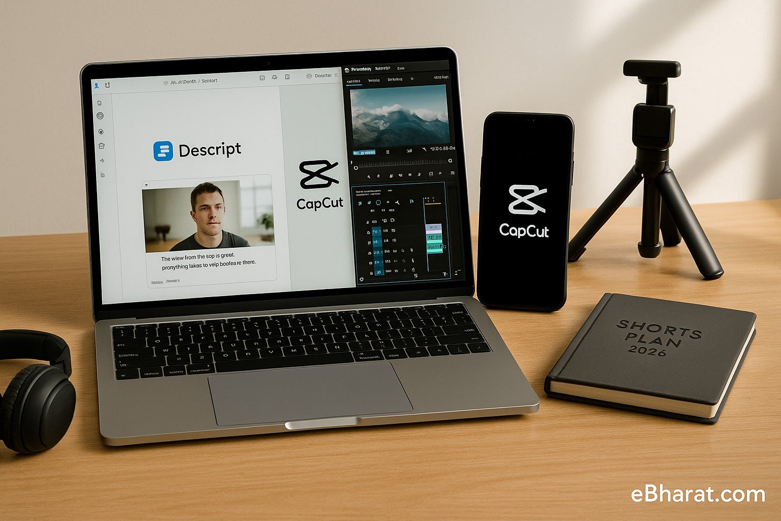 Laptop with Descript, smartphone with CapCut, and Premiere Pro timeline side by side.