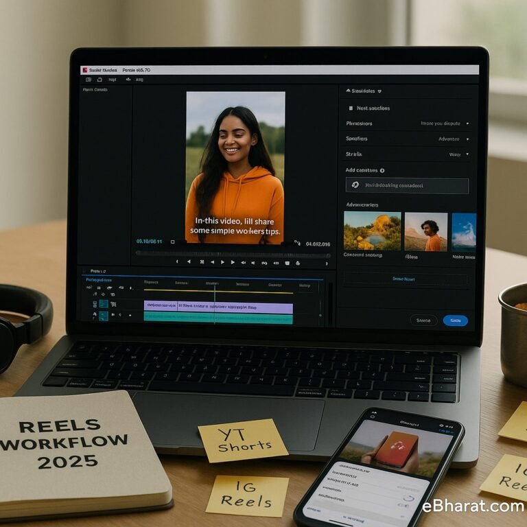 Laptop with Adobe Premiere Pro editing a vertical Reel project with Firefly AI captions, diary Reels Workflow 2025, Instagram upload on smartphone, and chai cup on desk.