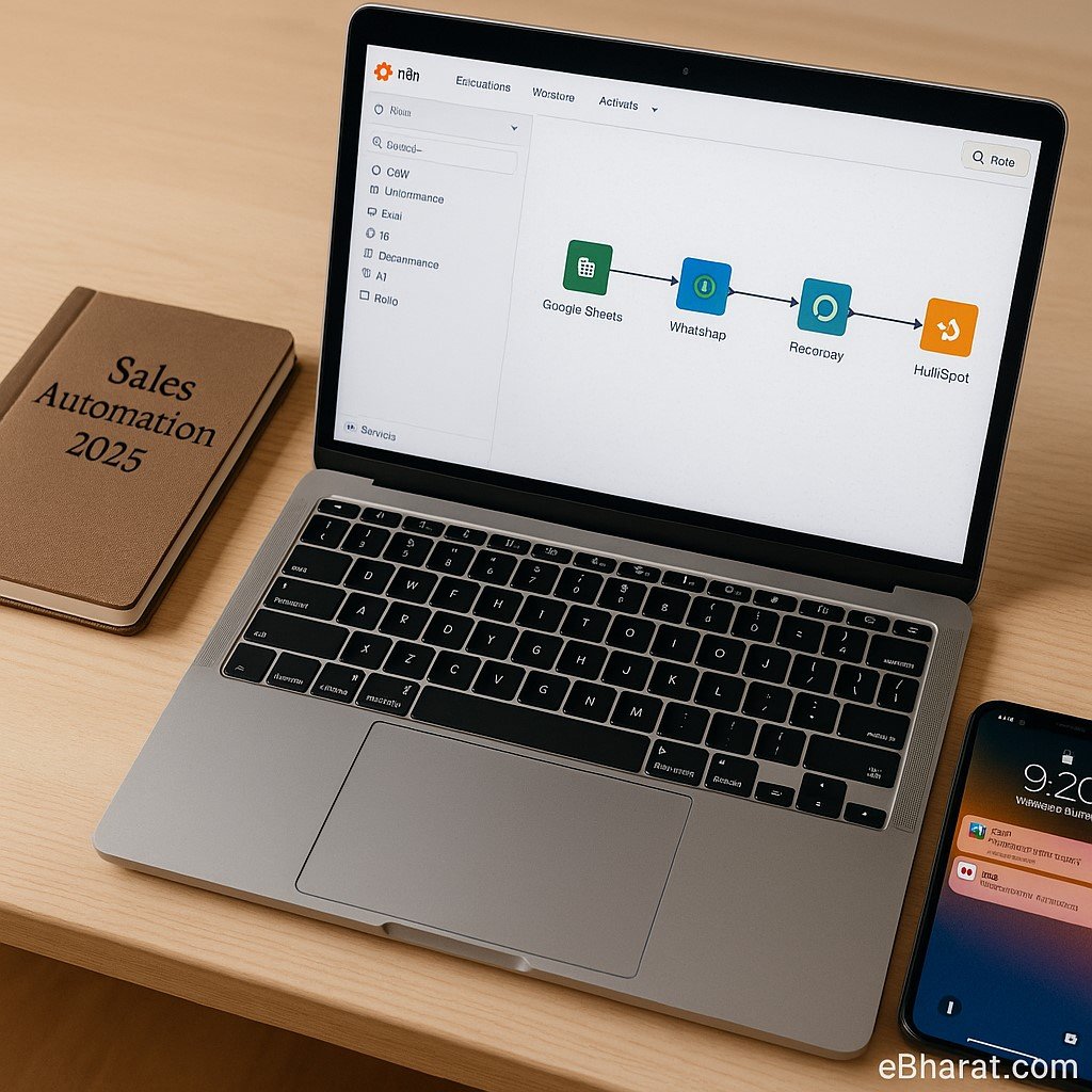 Laptop on a wooden desk showing n8n’s visual workflow editor with nodes connected for Google Sheets, WhatsApp, Razorpay, and HubSpot. Beside the laptop, a diary titled “Sales Automation 2025” and a smartphone with Slack and Gmail notifications are visible. Watermark “eBharat.com” appears at the bottom right.