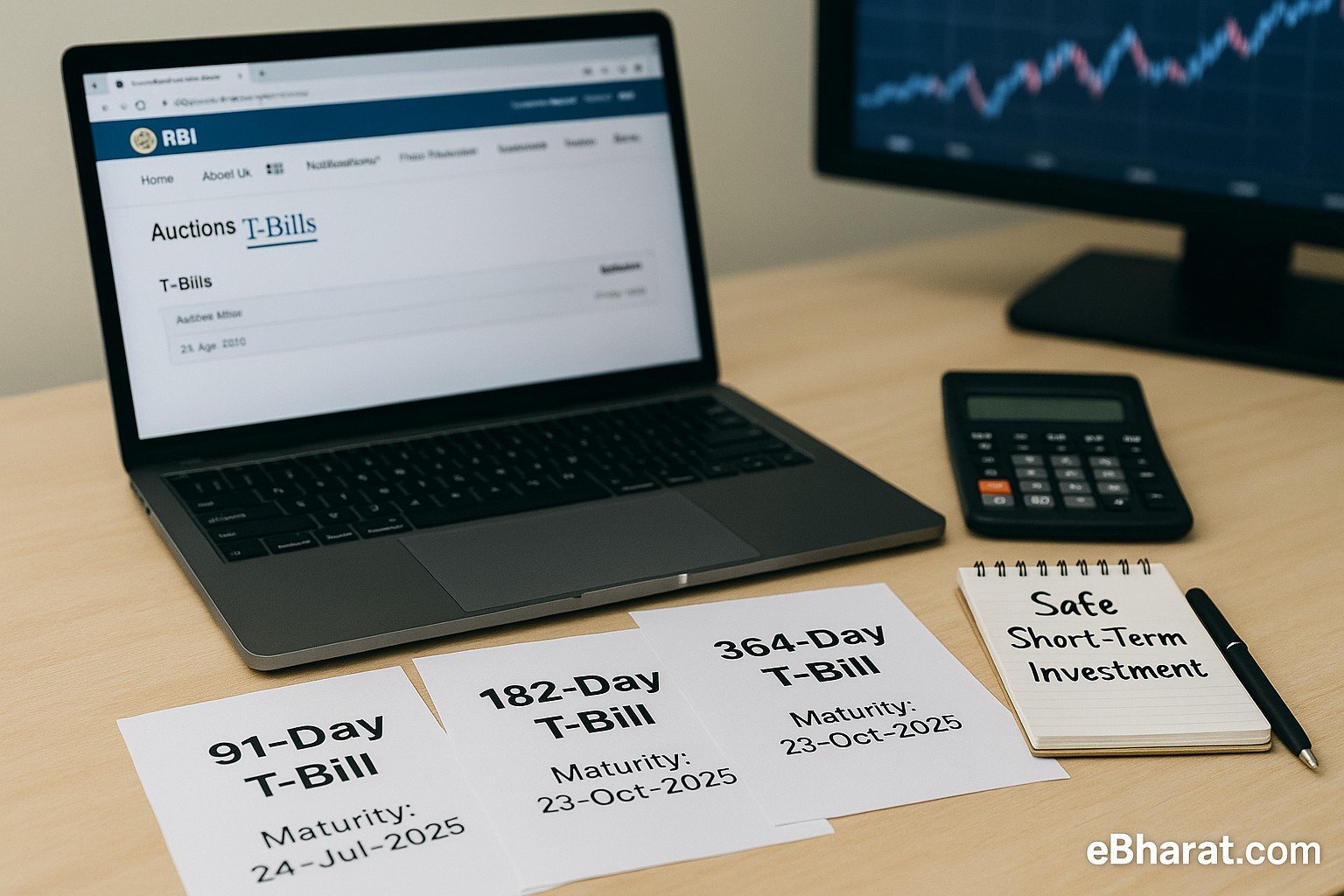 Laptop showing RBI T-Bill auction page with three printed sheets labeled 91-day, 182-day, and 364-day T-Bills, alongside a calculator and notepad marked “Safe Short-Term Investment.