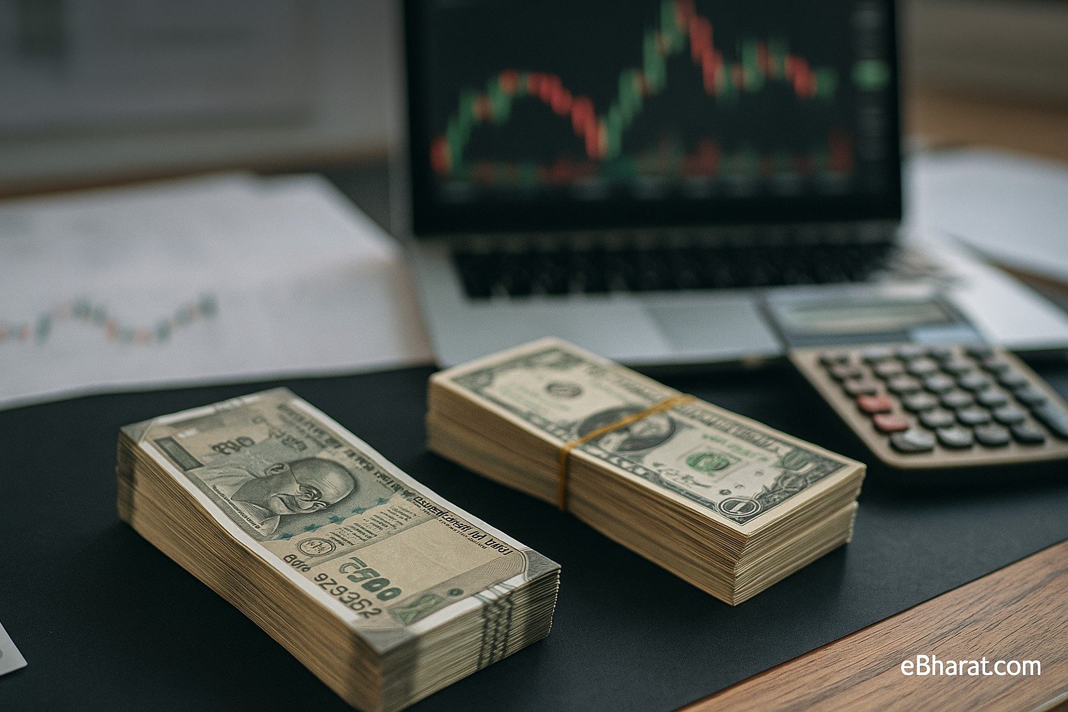 "Stacks of Indian rupee notes placed beside US dollar bills with a calculator on a trading desk, against a backdrop of faint forex candlestick charts and a blurred quarter-end calendar."