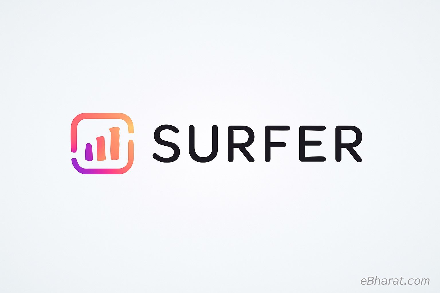 "Surfer SEO official logo with gradient icon and brand name on a clean white background, featuring eBharat.com watermark at the bottom-right."