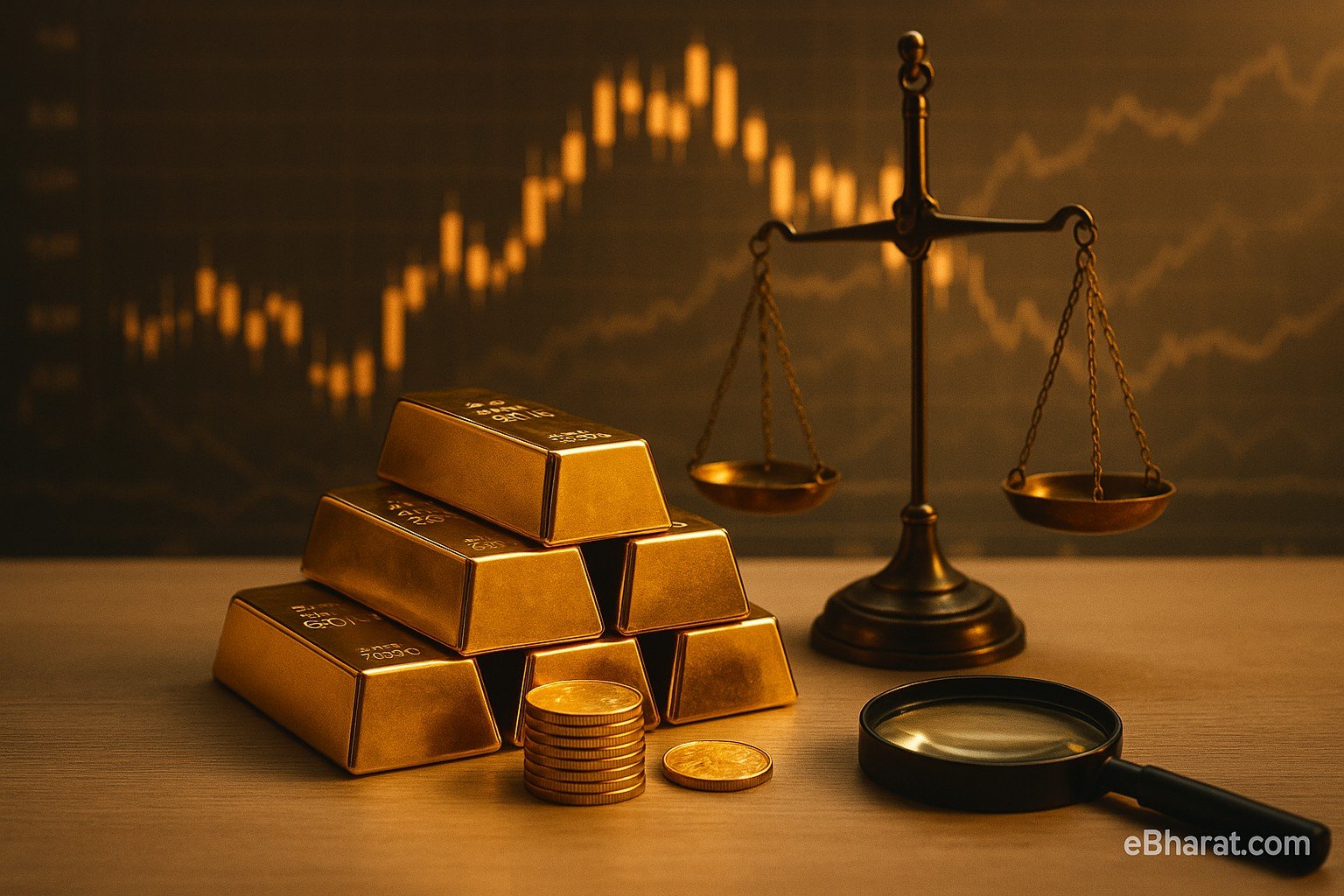 Stacked gold bars and coins on a trading desk with a faint candlestick chart in the background, illustrating record gold prices amid safe-haven demand.