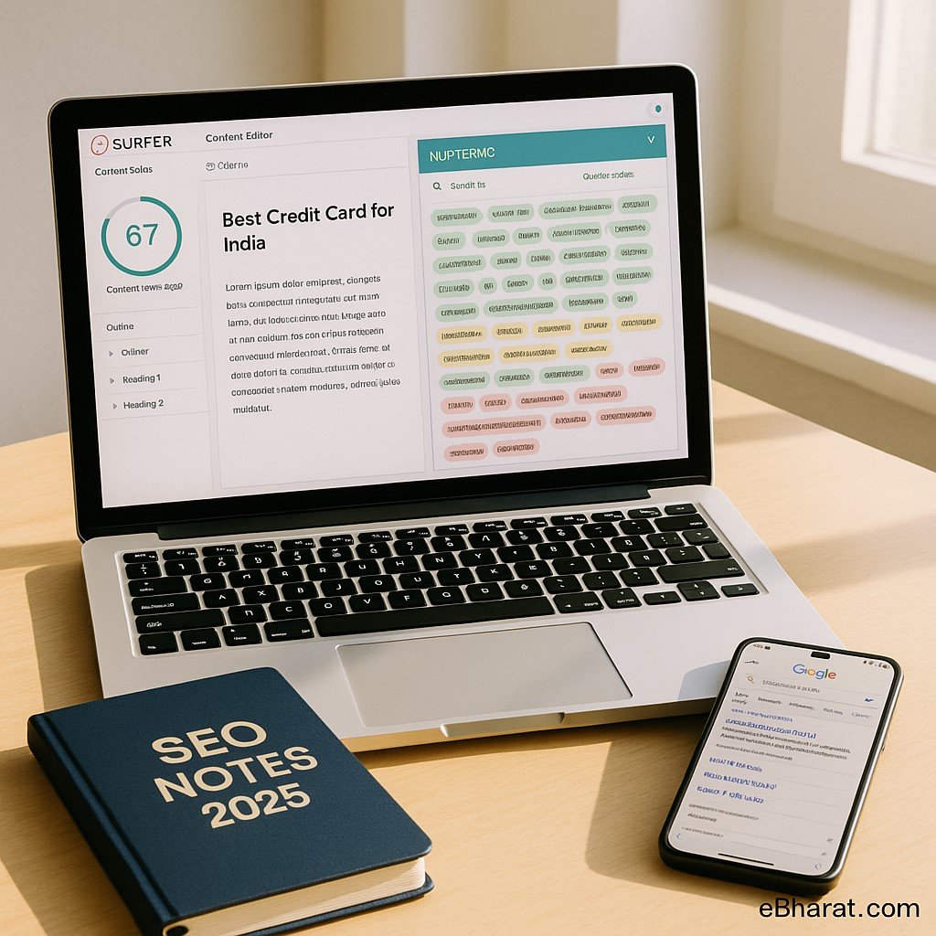 "SEO workspace with a laptop showing Surfer SEO’s Content Editor and highlighted NLP terms panel, a diary labeled SEO Notes 2025, and a smartphone displaying Google search results for Best Credit Card India."