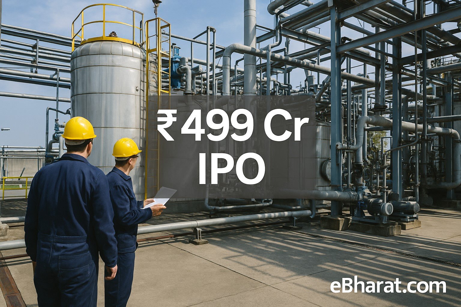 Supreet Chemicals manufacturing facility in Gujarat with ₹499 Cr IPO badge.