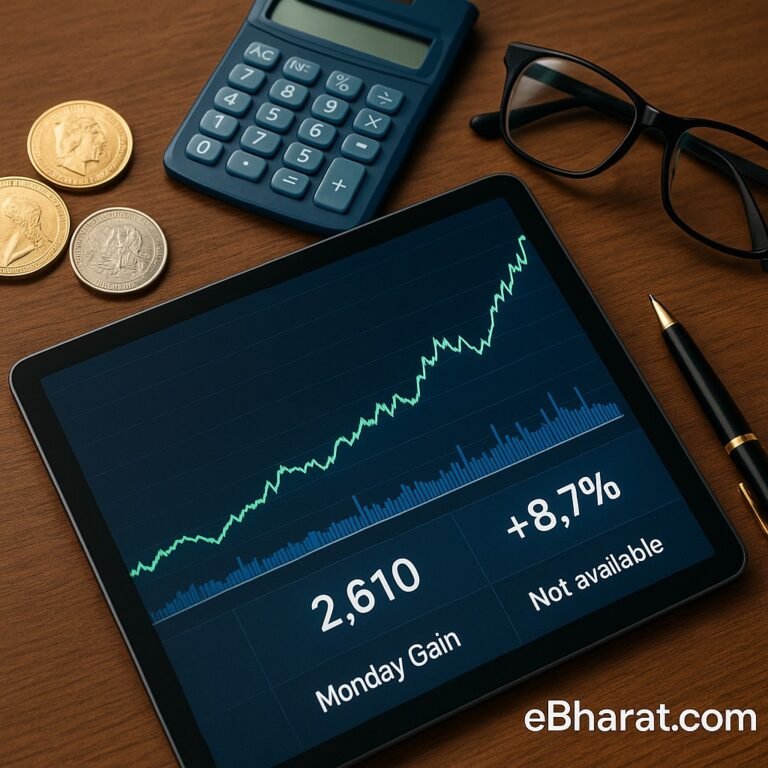 A trading desk with monitors showing rising stock charts, calculator, coffee cup, scattered coins, and market papers, symbolizing Adani Enterprises rally.