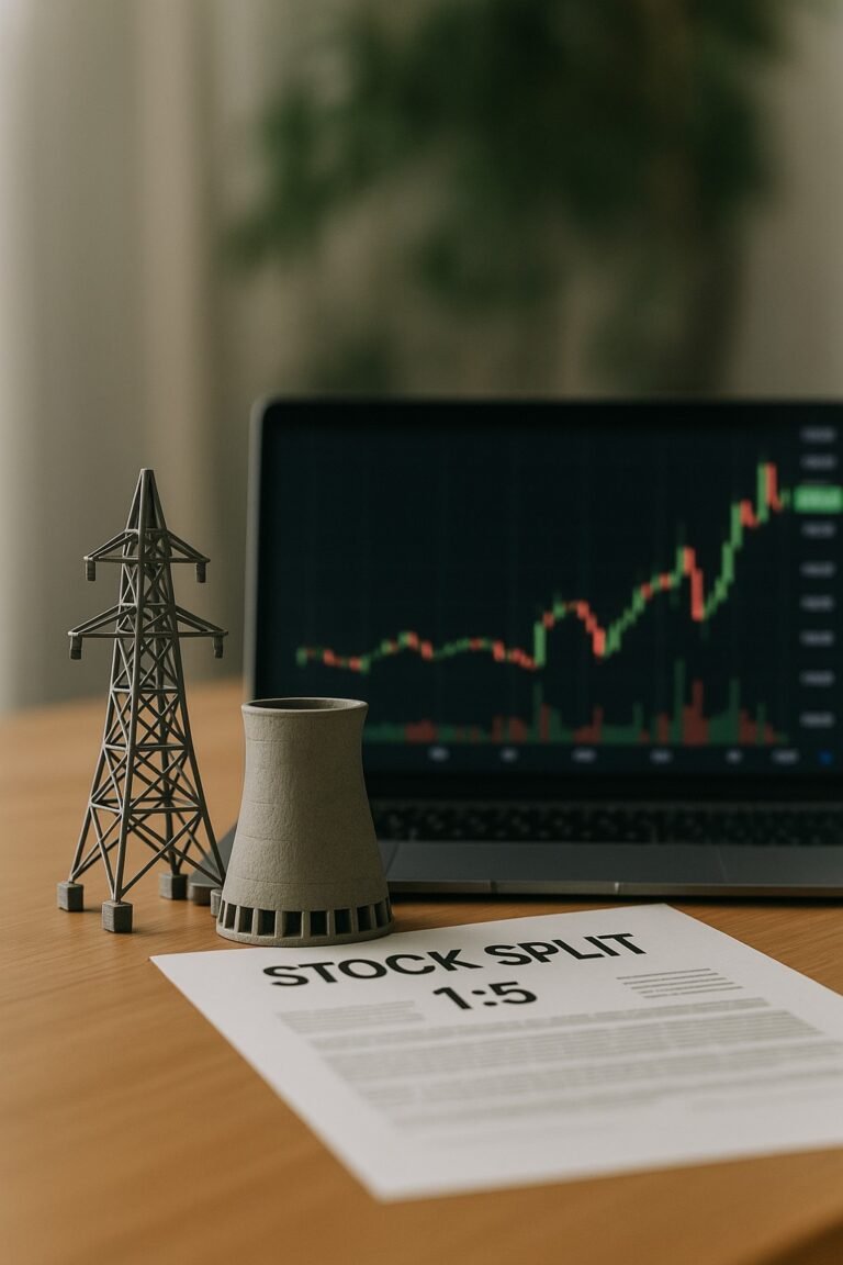 Transmission tower and cooling tower model on a desk with laptop showing stock chart, symbolizing Adani Power’s stock split and retail investor rally.