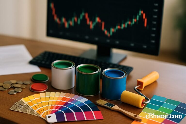 Open paint cans (red/green/blue) with color swatches, brush and roller on a wooden desk; Indian coins and a monitor showing a candlestick chart; eBharat.com watermark — symbolizing Akzo Nobel India stock in focus after a large block trade.