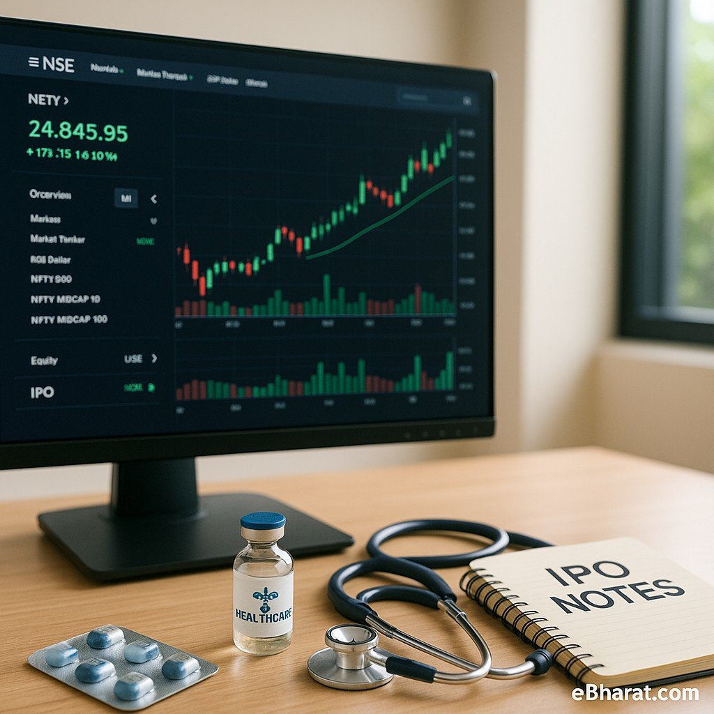 Realistic office setup with NSE trading charts on a monitor, a medicine vial, stethoscope, and notebook titled IPO Notes on desk, symbolizing Amanta Healthcare’s stock market listing.