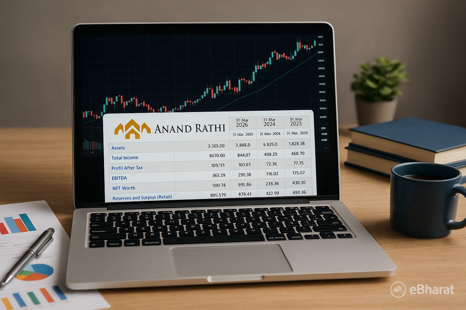 A laptop on an office desk showing stock candlestick charts, with financial reports, calculator, pen, and glasses placed around it, symbolizing company financial results.
