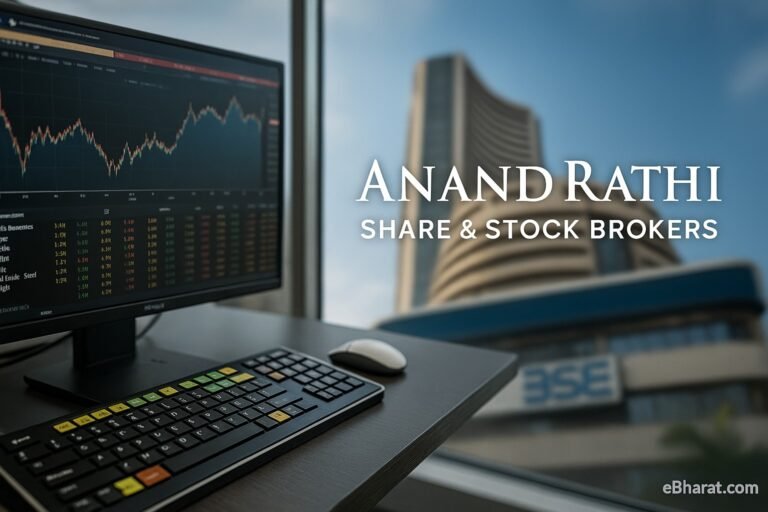 Anand Rathi logo with a trading desk and BSE building silhouette in the background, symbolizing the company’s BSE listing under the B group.