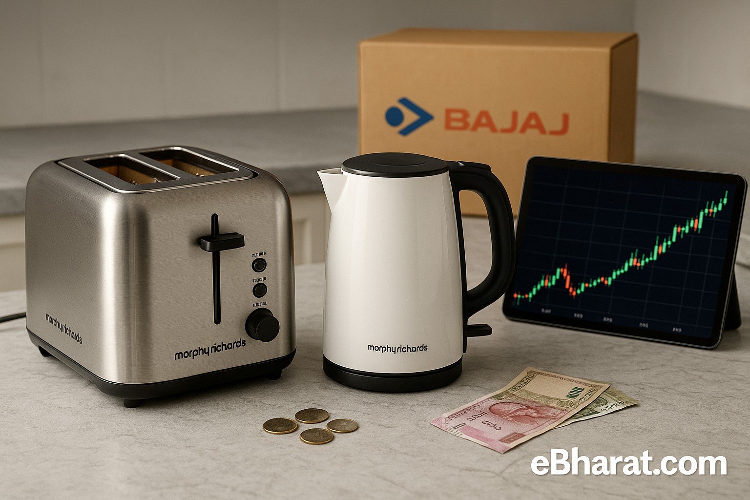 A Morphy Richards toaster and kettle on a kitchen counter with Indian rupee notes, coins, a Bajaj box, and a tablet showing a rising stock chart, symbolizing Bajaj Electricals’ stock surge after the Morphy Richards deal.