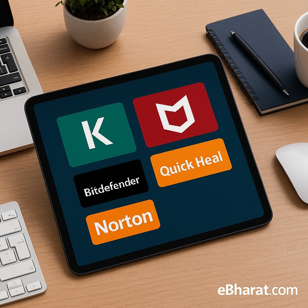 Tablet on a business desk displaying antivirus logos (Quick Heal, Kaspersky, Norton, McAfee, Bitdefender) with eBharat.com watermark.