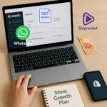 A flat-lay of an Indian e-commerce workspace with a laptop showing the Shopify dashboard. Floating icons of WhatsApp, GST Invoice, and Shiprocket highlight key integrations. On the desk are Indian rupee notes, a diary titled ‘Store Growth Plan,’ and a smartphone with the Shopify app open. eBharat.com watermark is visible at the bottom-right.
