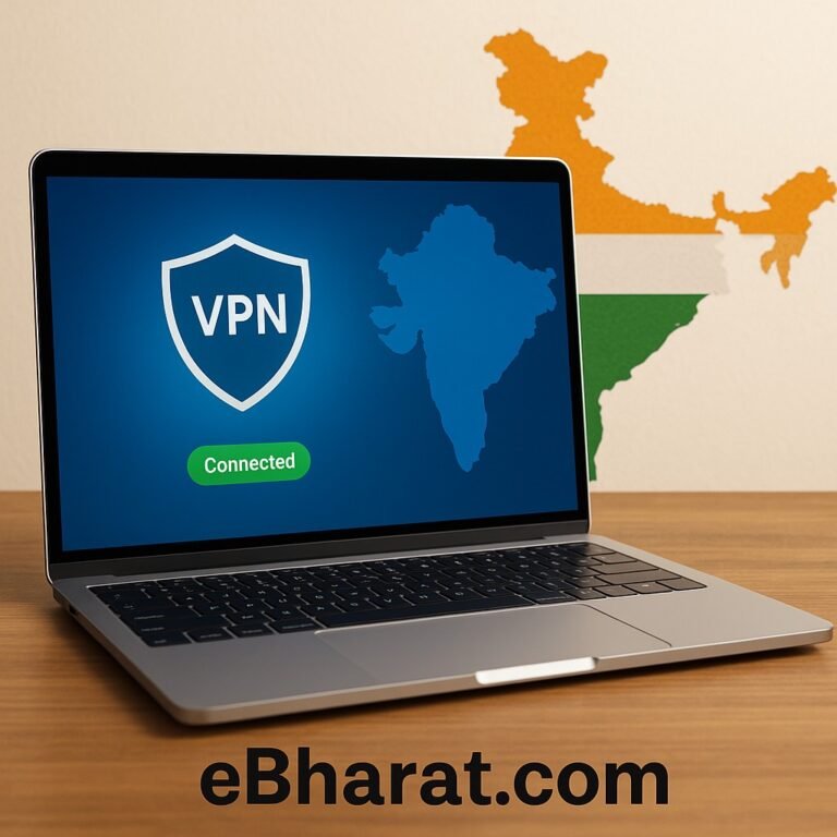 Laptop showing VPN connected screen with India map in background, symbolizing best VPNs for India in 2025 for streaming, gaming, and privacy.