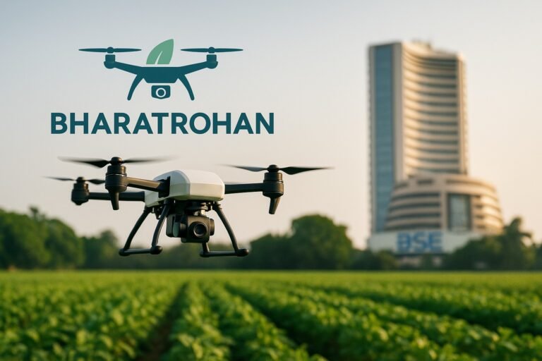 A drone flying over agricultural fields with an industrial backdrop and the BSE building silhouette faintly visible in the skyline, symbolizing Bharatrohan Airborne Innovations’ market debut.