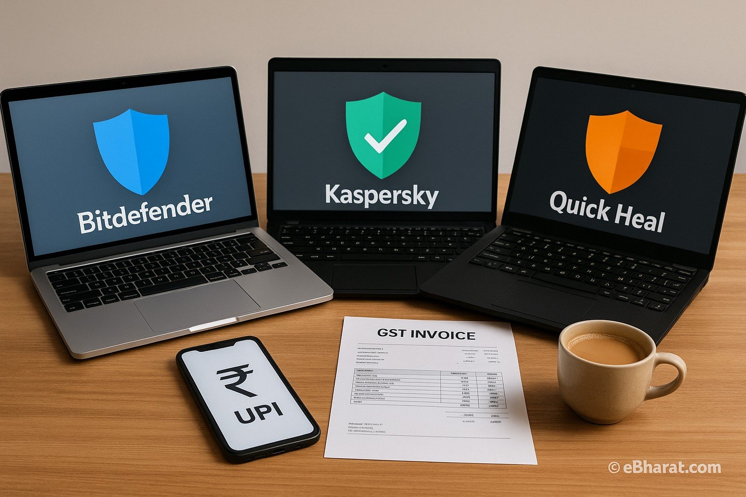 Three laptops on a desk representing Bitdefender, Kaspersky, and Quick Heal with a shield and ₹ symbol in the scene — eBharat.com watermark