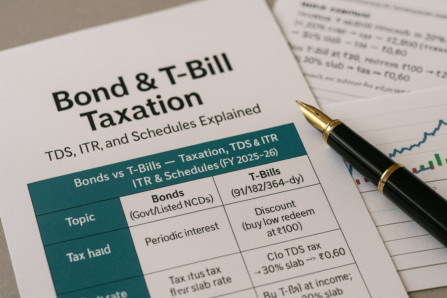 Financial documents on Bond and T-Bill taxation with a printed chart, income tax notes, and a pen on desk.