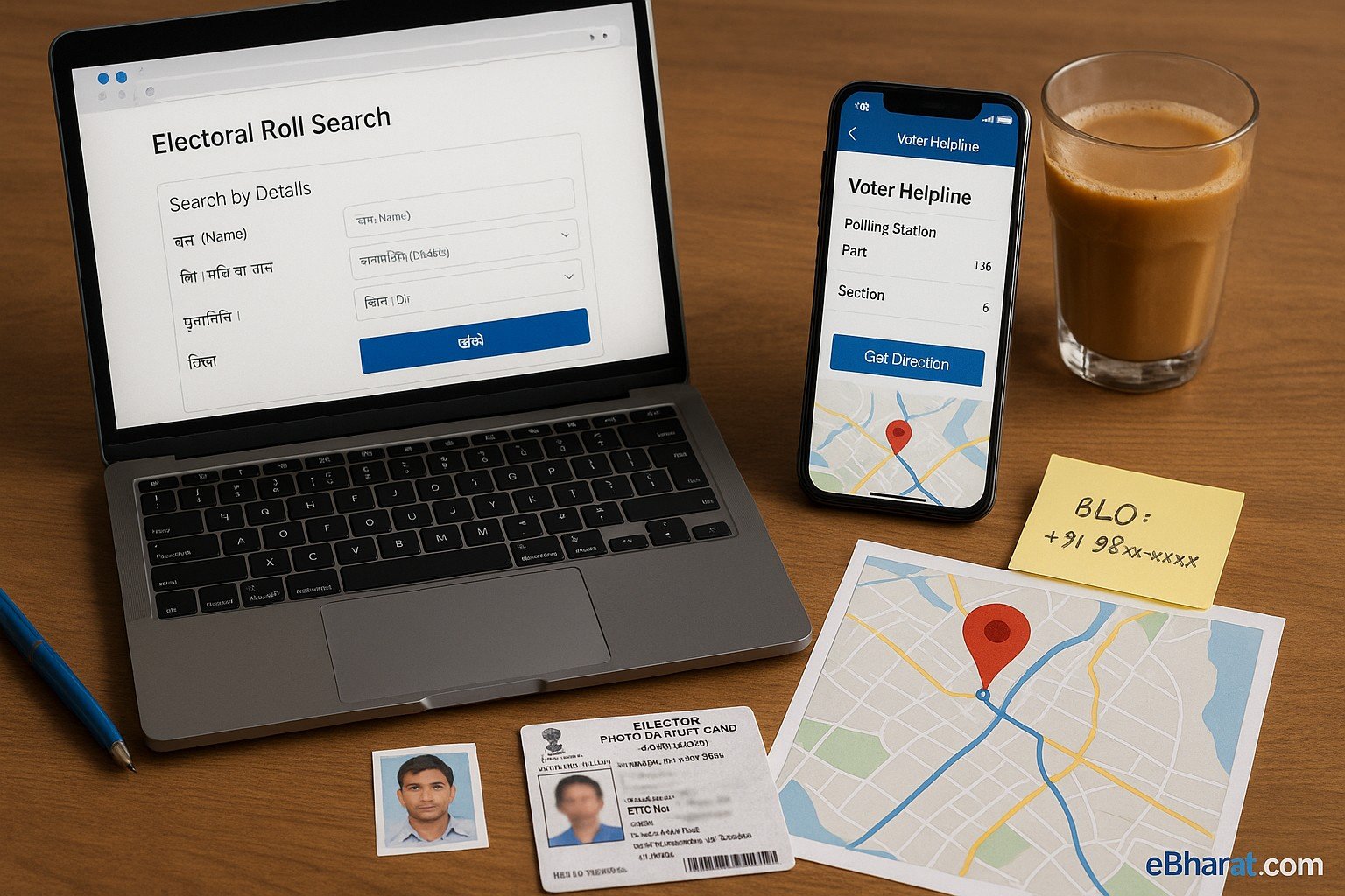 Laptop पर NVSP Booth परिणाम, फोन पर Voter Helpline में BLO नंबर; प्रिंटेड voter slip में Booth/Part, पास में मैप-पिन, कंपास और चाय—eBharat.com वॉटरमार्क।