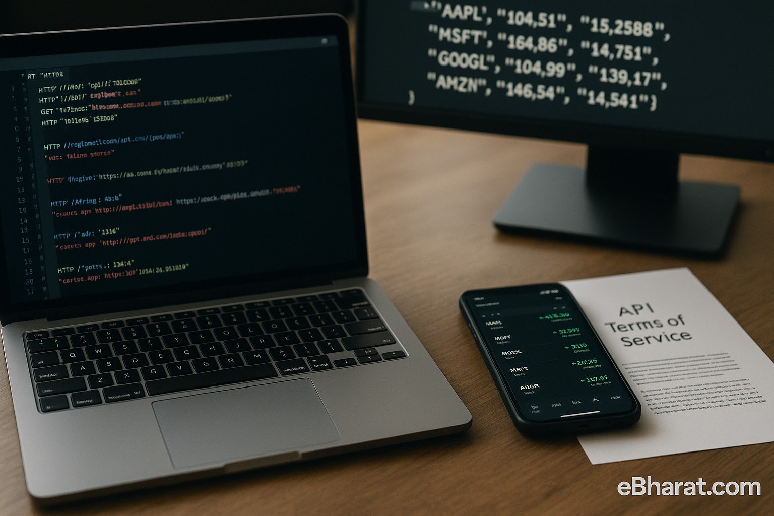 Laptop showing API code, smartphone with trading app, and a printed TOS document on a fintech developer’s desk.