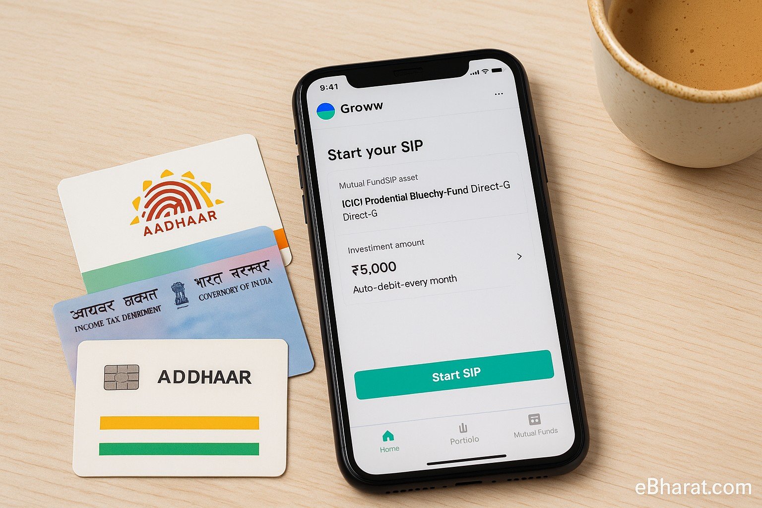 Smartphone showing Groww app with mutual fund SIP screen, Aadhaar and PAN card beside it.